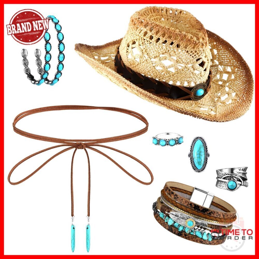7-Piece Western Jewelry Set with Turquoise Cowboy Hat Necklace Bracelet